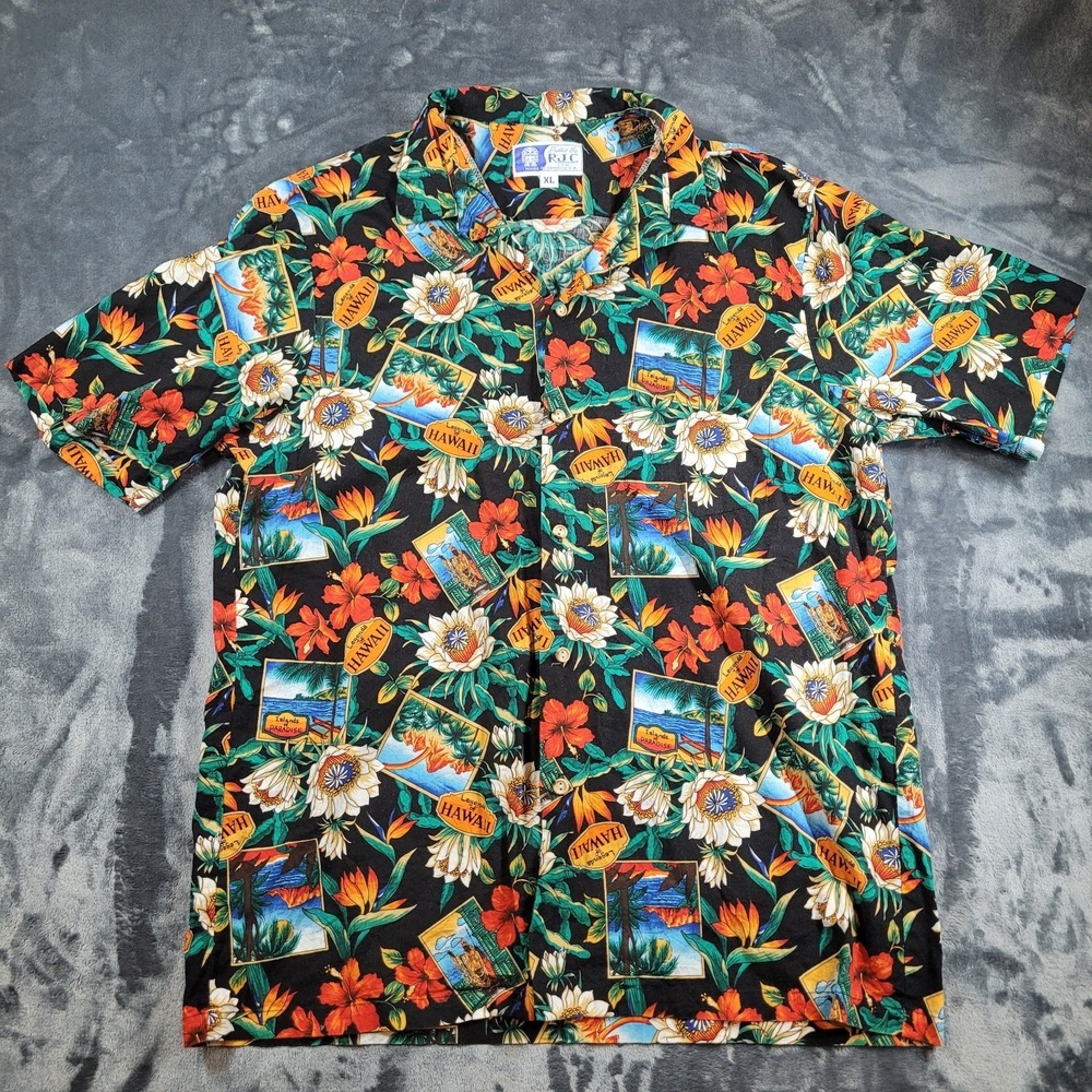 RJC Men's Hawaiian Vintage Shirt Size XL Legends‎ Floral Black Pocket Made USA